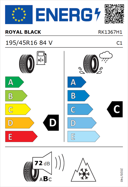 Tyre Label for Royal Black Royal A/S 195/45R16 84V