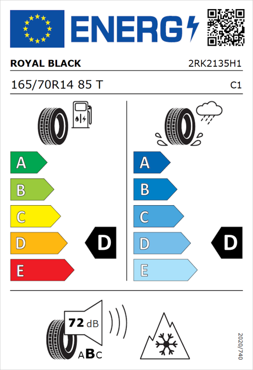 Tyre Label for Royal Black Winter HP 165/70R14 85T