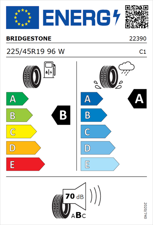 Tyre Label for Bridgestone Turanza 6 225/45R19 96W