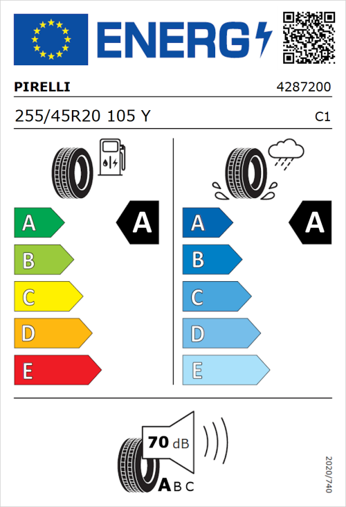 Tyre Label for Pirelli P ZERO E 255/45R20 105Y