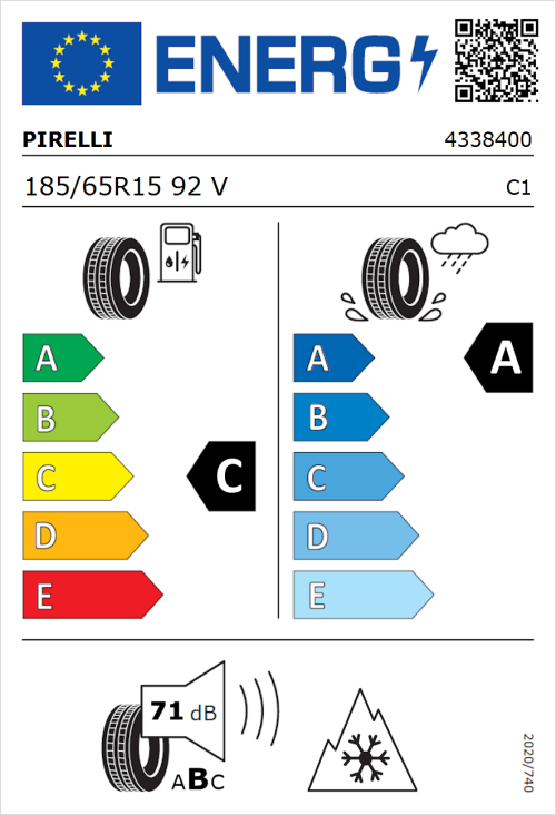 Tyre Label for Pirelli Cinturato All Season SF3 185/65R15 92V
