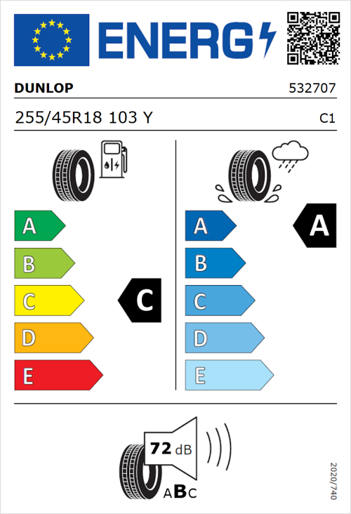 Tyre Label for Dunlop SP Sport Maxx RT 2 255/45R18 103Y
