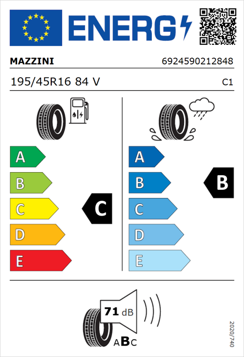 Tyre Label for Mazzini Eco 607 195/45R16 84V